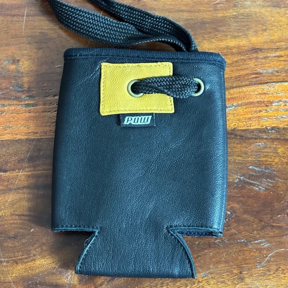 POW Leather Can Koozie Black Yellow Hands-Free Neck Lanyard Drink Holder Utility